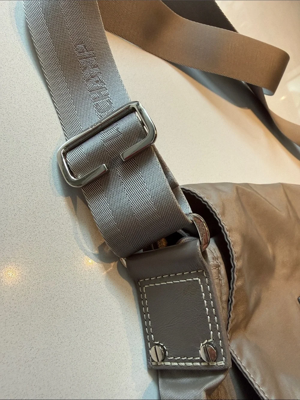Vintage Longchamp Messenger Bag Crossbody with Branded Strap, Grey Taupe, Nylon